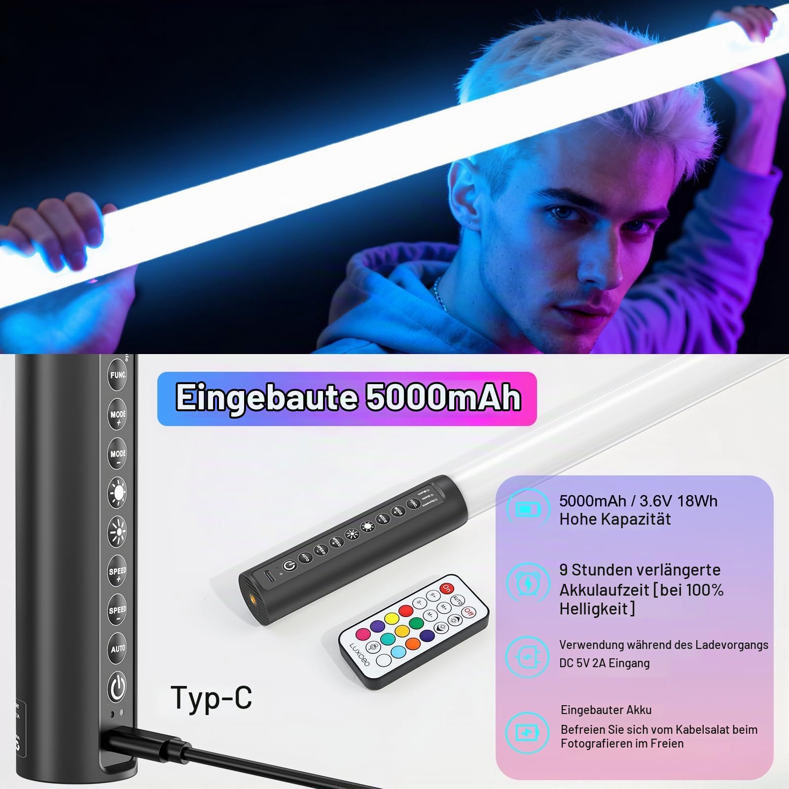 2 Stück 90cm LED Videolicht Mood1 Pro mit Stativ,LED Handheld Fotografie Lichtdimmbar und Musikmodus, 5000mAh Integrierter Akku,RGB-Fotolampe für YouTube,TikTok,Partybar,Foto-Beleuchtung