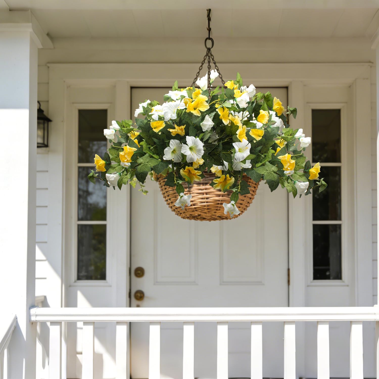Grunyia Artificial Faux Petunias Silk Flowers for Outdoor Decoration, UV Resistant No Fade, Purple and White, 2 Pack, for Home Garden Balcony Yard Porch Indoor Decor (White+Yellow)
