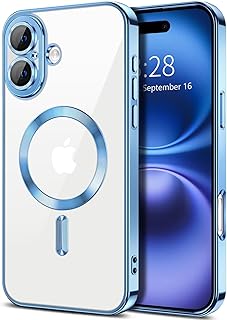 جراب شفاف ناعم لموبايل ايفون 16 6.1 بوصة من دلع موبايلك، حماية كاملة لعدسة الكاميرا، متوافق مع الشحن اللاسلكي ماج سيف، جراب من البولي يوريثين المقاوم للحرارة المطلي بالكهرباء مضاد للصدمات (سييرا بلو)