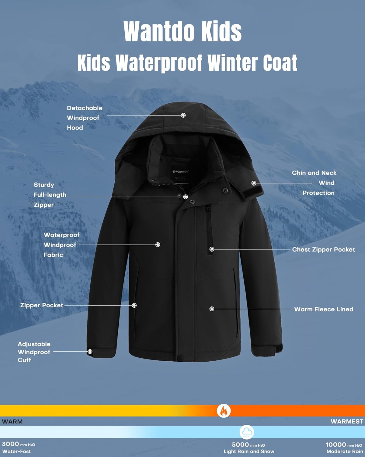 Wantdo Boy's Waterproof Ski Jacket Fleece Snowboarding Jackets Warm Thick Winter Coat Hooded Raincoats - Image 3