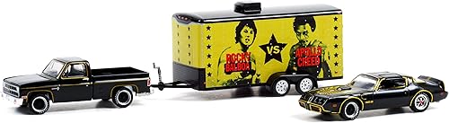Miniatura 2 de 1981 Chevy C-10 Custom Pickup Negro y 1979 Pontiac Firebird TA Black Rocky & Enclosed Car Hauler Rocky II Movie 164 Modelos por Greenlight 31120 A