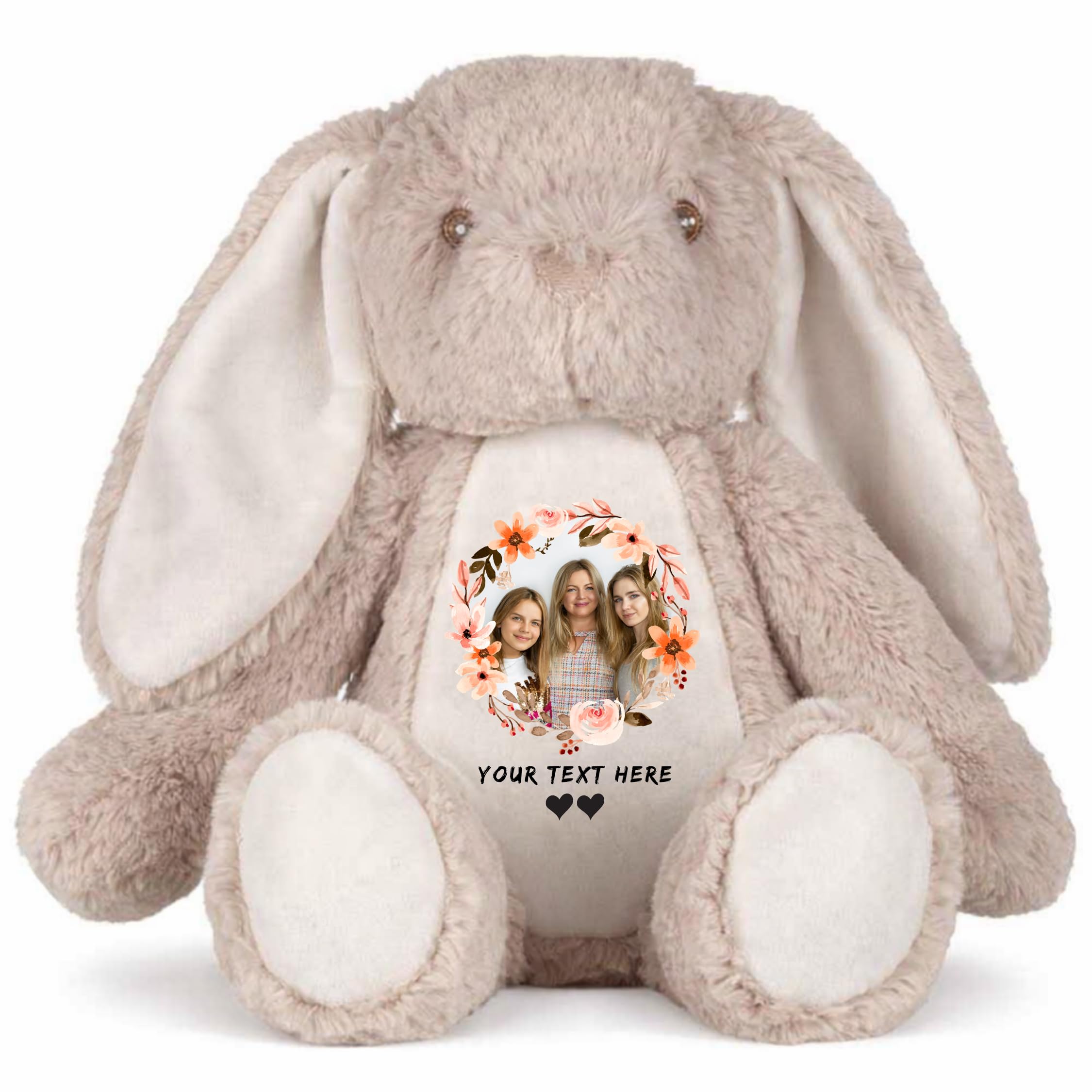 Be Buz Personalized Bunny Plush Toy with Photo and Text – Custom Baby Memory Gift – Soft Stuffed Rabbit Keepsake – Newborn, Birthday, Baby Shower (Light Brown)