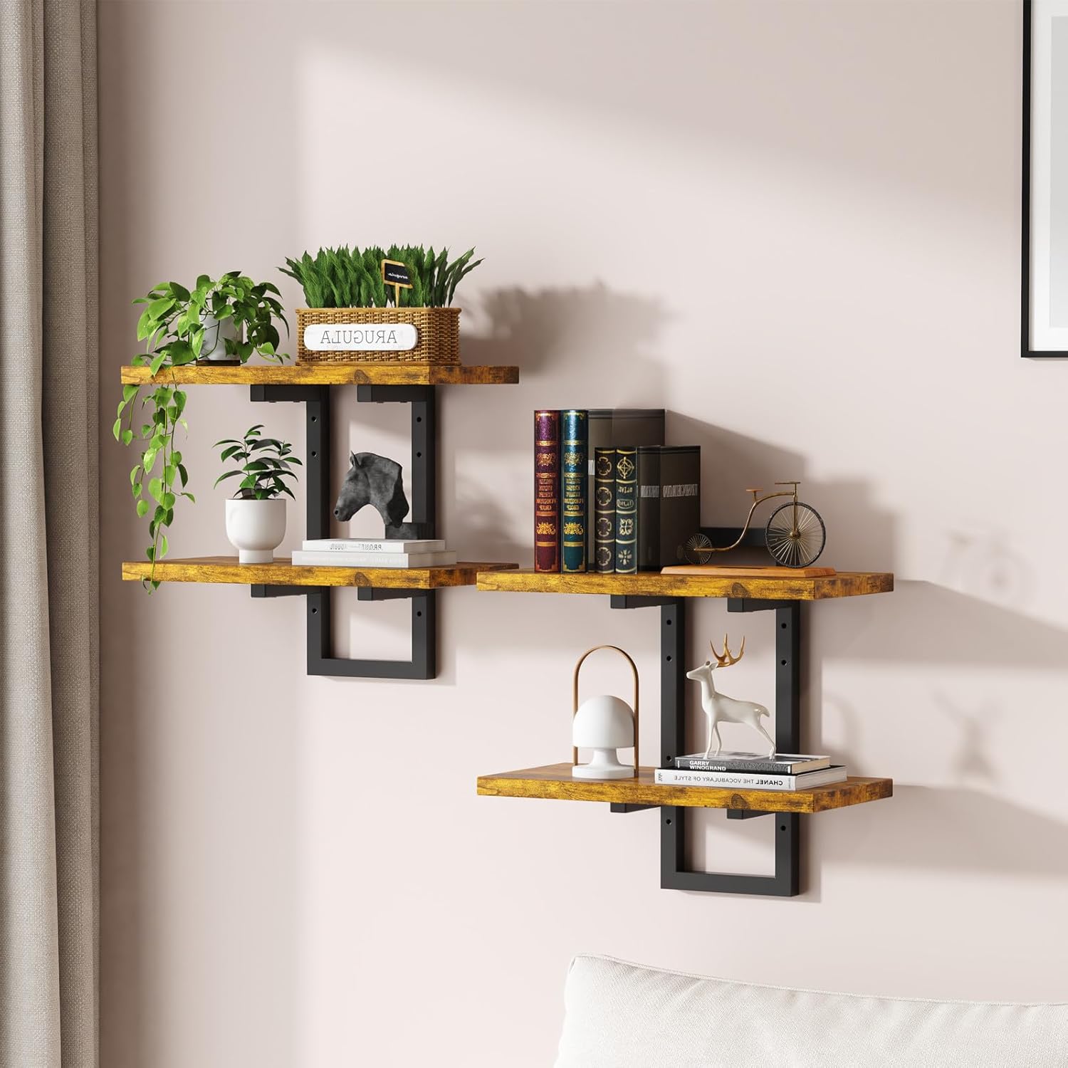 Floating Shelves, Set of 2 Wall Shelves, 2-Tier Wall Mounted Storage Shelves, Adjustable Floor Height, Hanging Bathroom Shelves, for Living Room, Bedroom, Bathroom, Kitchen, Rustic Brown and Black