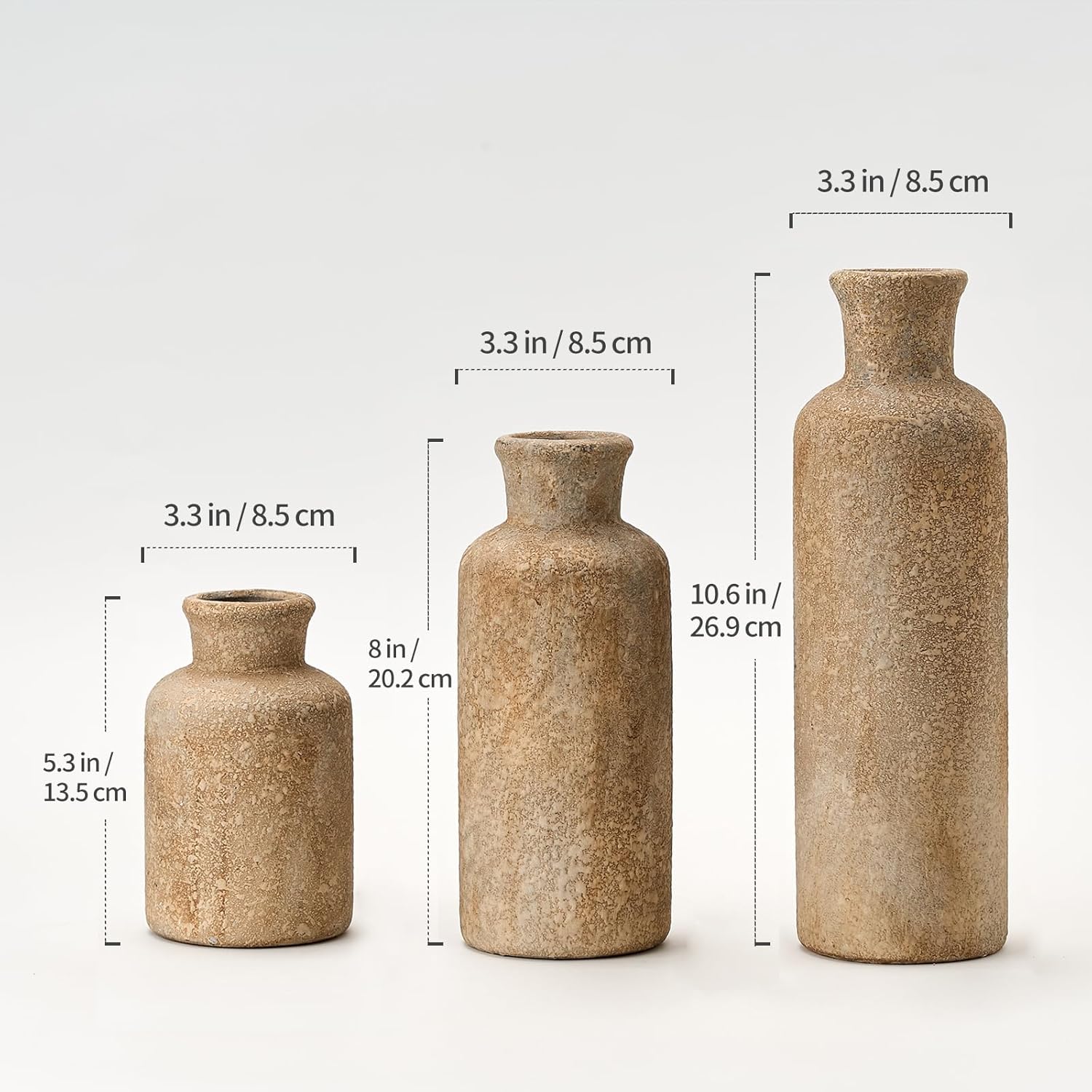 LUKA Ceramic Rustic Farmhouse Vase Set of 3,Terracotta Vases for Decor,Antique Vase for Your Bedroom,Office,Living Room,Fireplace,Bookshelf Decor,Housewarming (10+7.5+5 Inch) - Image 3