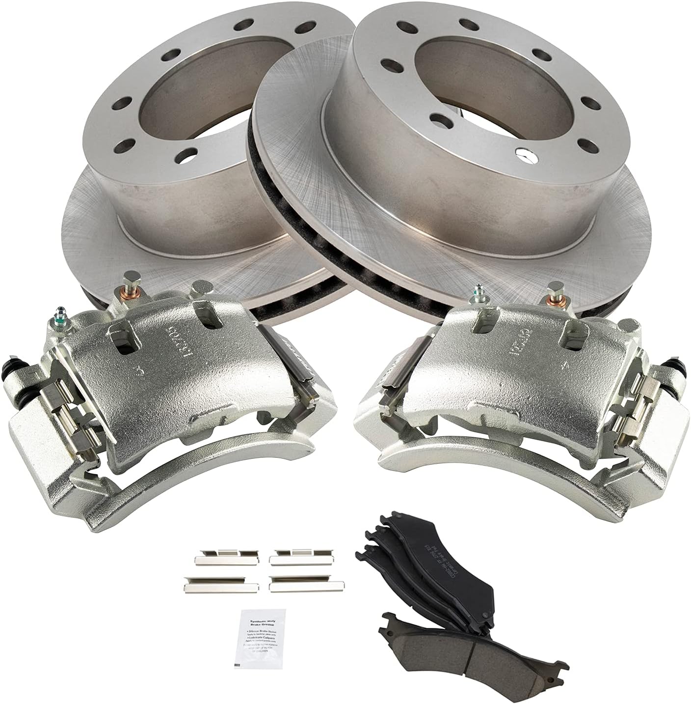TRQ Rear Brake Pad & Rotor Kit Brake Caliper Brake Pads Brake Rotor Ceramic Vented Compatible with 2003-2007 Ford E-250 1999-2002 E-250 Econoline