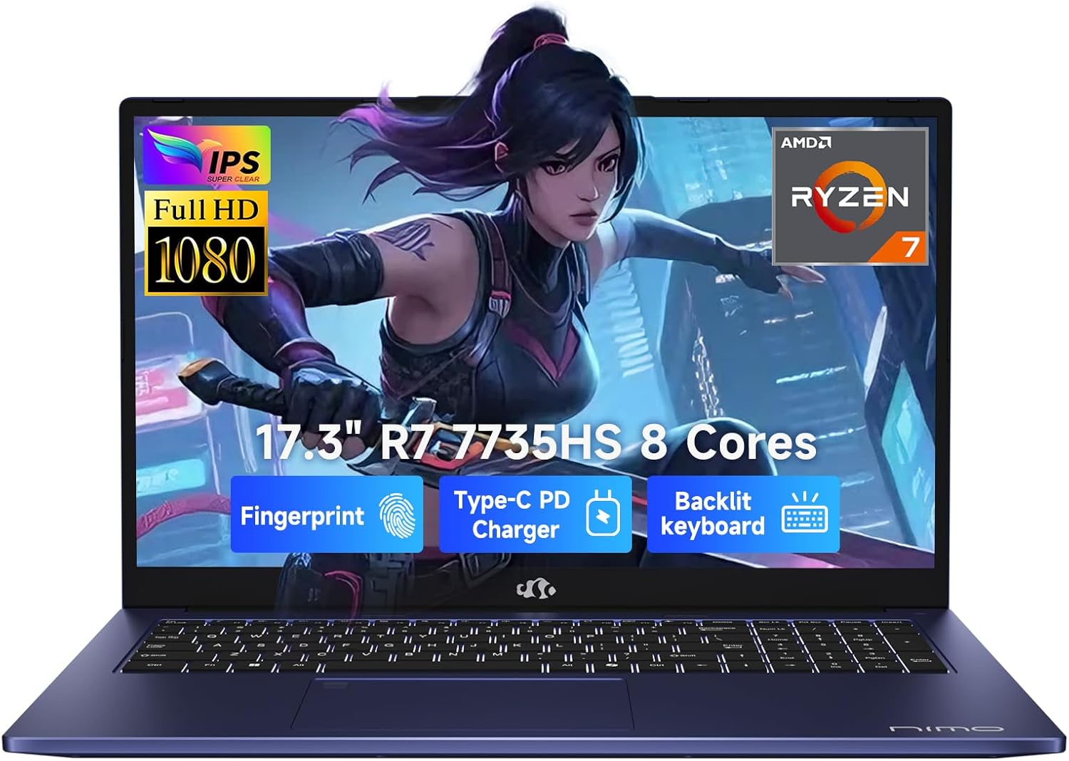 NIMO 17.3" Professional Laptop, AMD R7 7735HS 8-Core 16-Thread (Up to 4.75GHz), 16GB DDR5 RAM 1TB SSD, FHD IPS 180° View, Fingerprint, Backlit Keyboard, Wi-Fi 6, for Business & Student