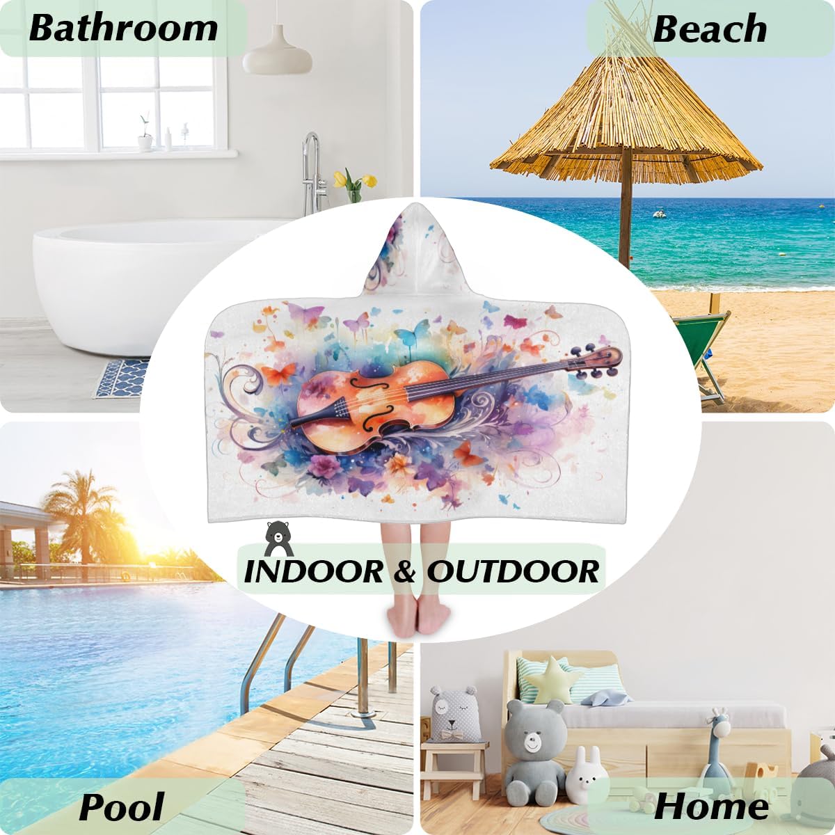 Pardick Kids Bath Towel Violin Butterfly Beach Towel with Hood Pool Cover Up for Girls Boys Soft Absorbent Hooded Bath Towel Toddler Towels for Beach, Pool