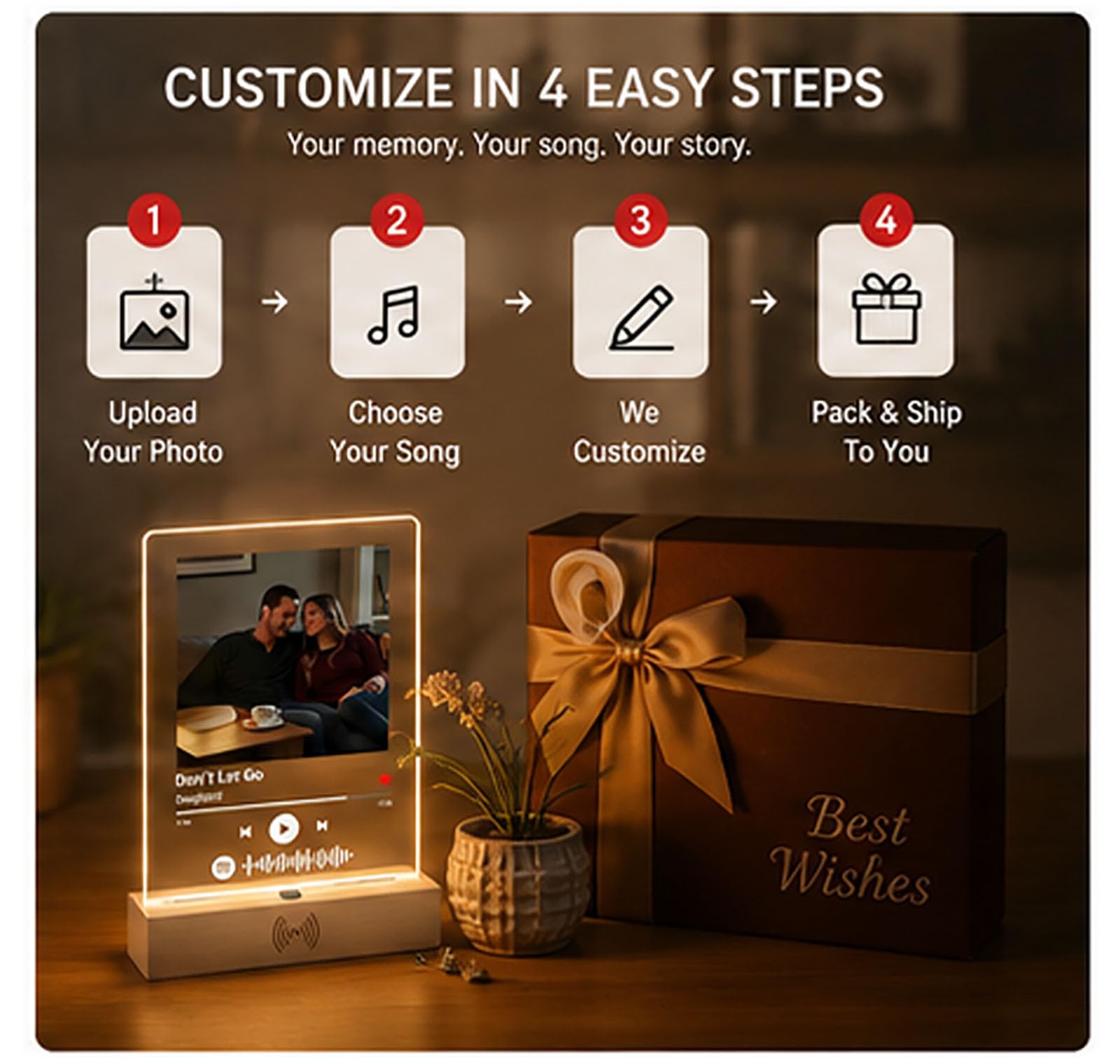 Placa de canción personalizada con reproductor de música integrado y luz con sensor de movimiento, placa de música personalizada para regalo para novia, novio, aniversario, cumpleaños, boda, regalo de 5
