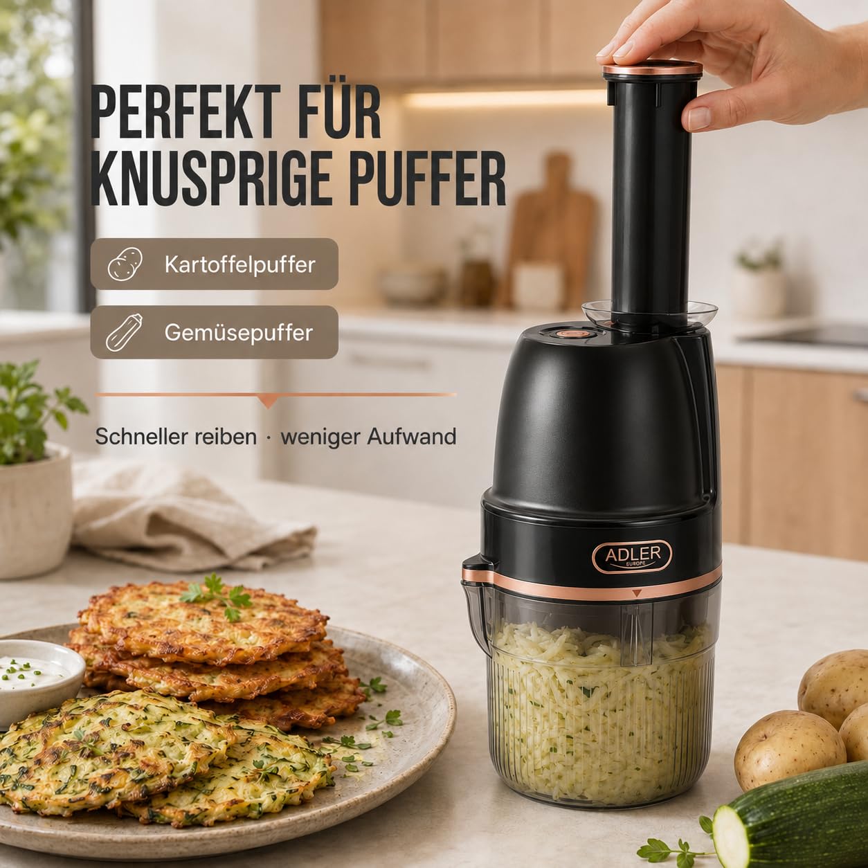 ADLER EUROPE Kompakt Elektrische Reibe 4-in-1 900ml - 4 Einsätze, 200W | Gemüse- und Obstreibe – für Kartoffeln, Zucchini, Obst und Nüsse, Pesto – Püree, Kartoffelpuffer – spülmaschinenfeste Teile