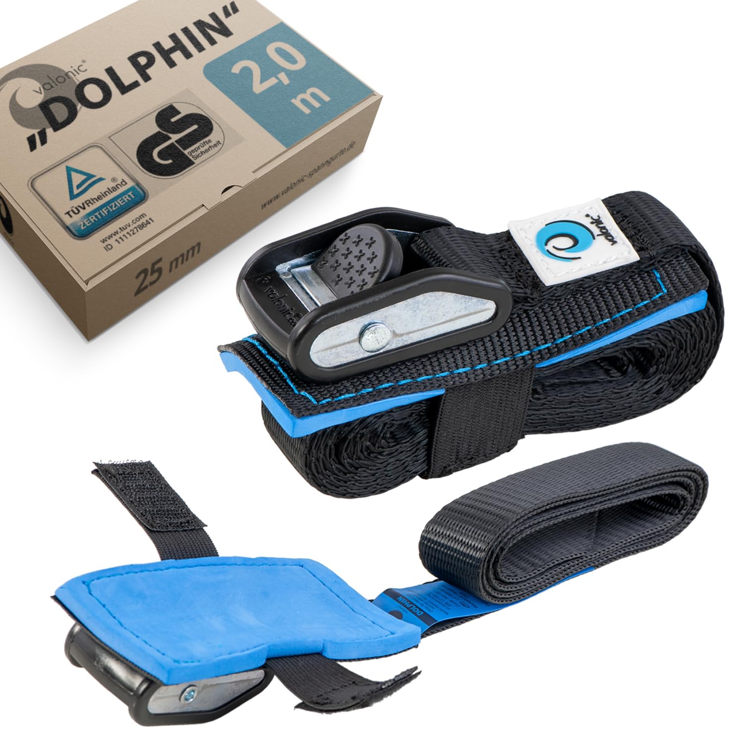 valonic Dolphin - 2X 2m Spanngurte mit Polster, Blaue Fahne, 25mm, 500kg, TÜV Rheinl. / GS Zertifiziert, EN-12195-2 - Spanngurt mit Klemmschloss für Auto Dachbox, SUP Board, Kajak, schwarz