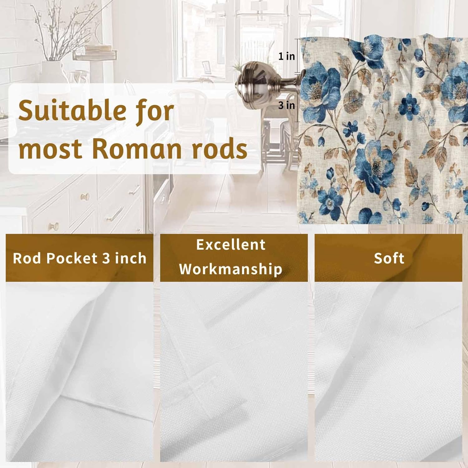 Blue Floral Valances for Windows 2 Pack Farmhouse Flower Kitchen Valance Curtains Rod Pocket Window Treatments Spring Vintage Botanical on Linen Valances for Living Room Bedroom Bathroom 54x18 Inch