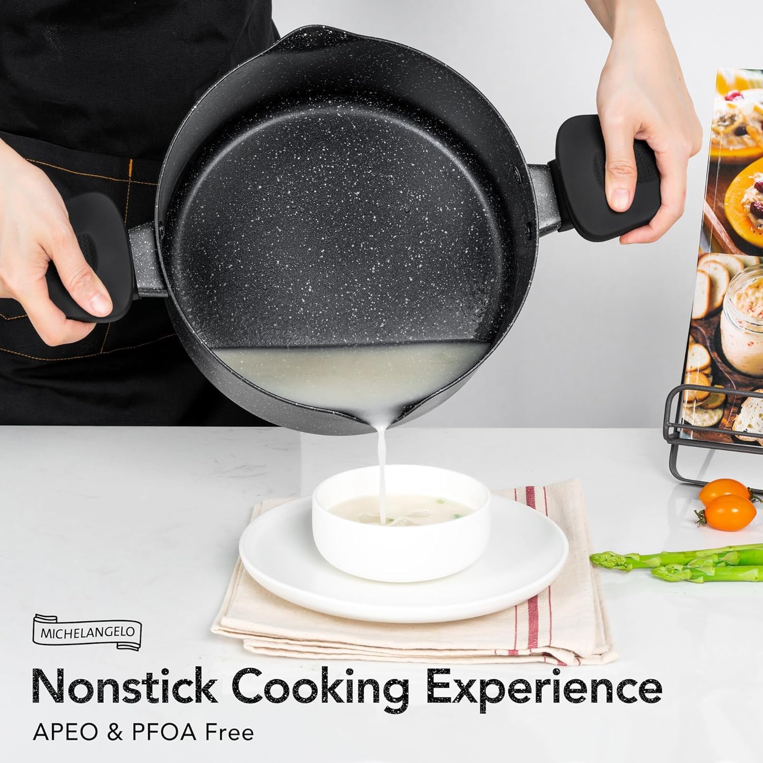 Michelangelo Olla para pasta con tapa coladora, olla de cocina de 6 cuartos con asas giratorias y bloqueo, olla de sopa con revestimiento de granito antiadherente, compatible con inducción de