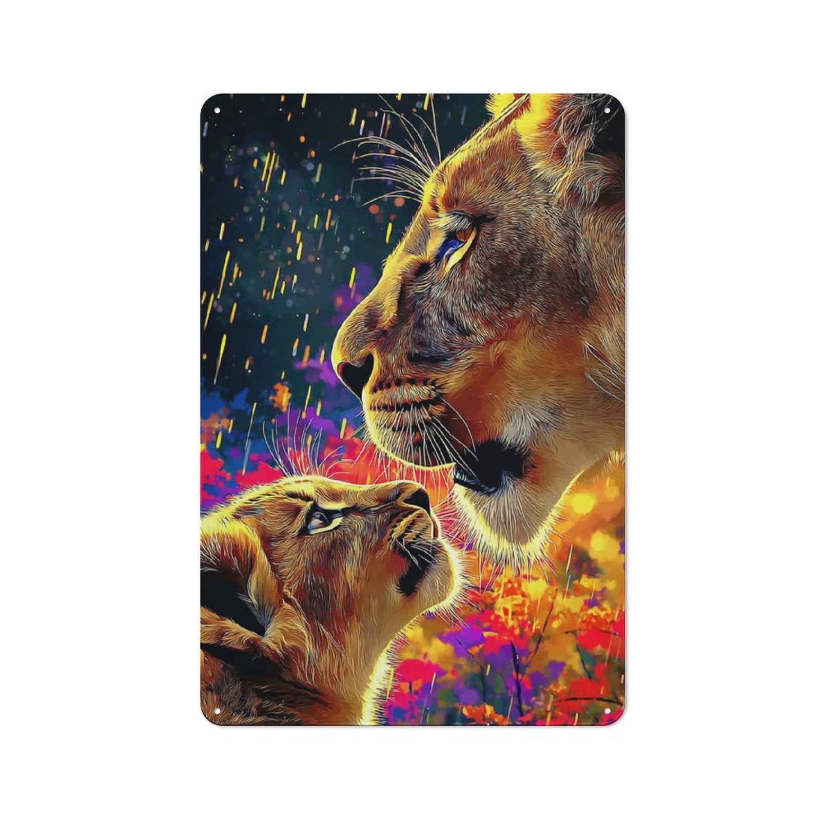 Junmoney Lioness And Cub In Vibrant Colors Shop Front Style Metal Wall Decor 30X20cm, Vintage Metal Sign For Tea Room, Shop Wall Or Breakfast Area