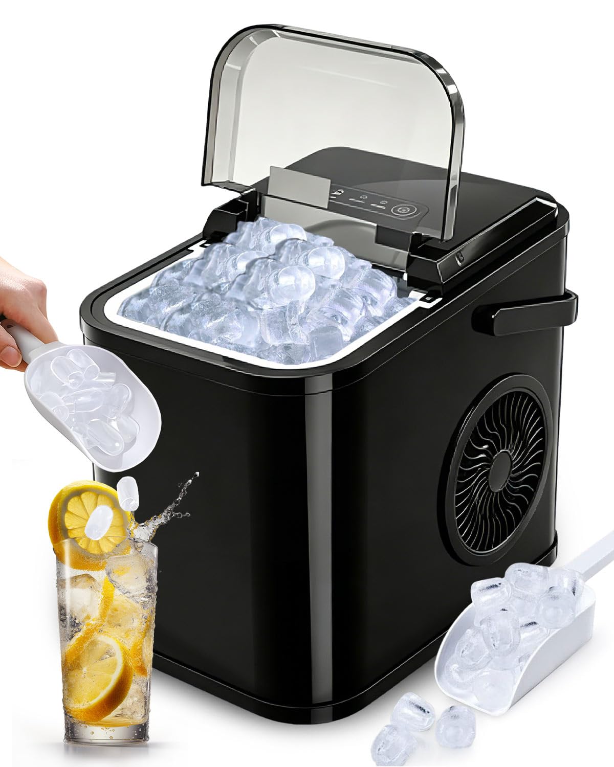 Máquina para hacer hielo, 8 cubitos de hielo en 6 minutos, 12 kg en 24 horas, 2 tamaños de hielo bala, autolimpieza, pequeña máquina de hielo portátil con mango y cuchara, para el hogar, cocina