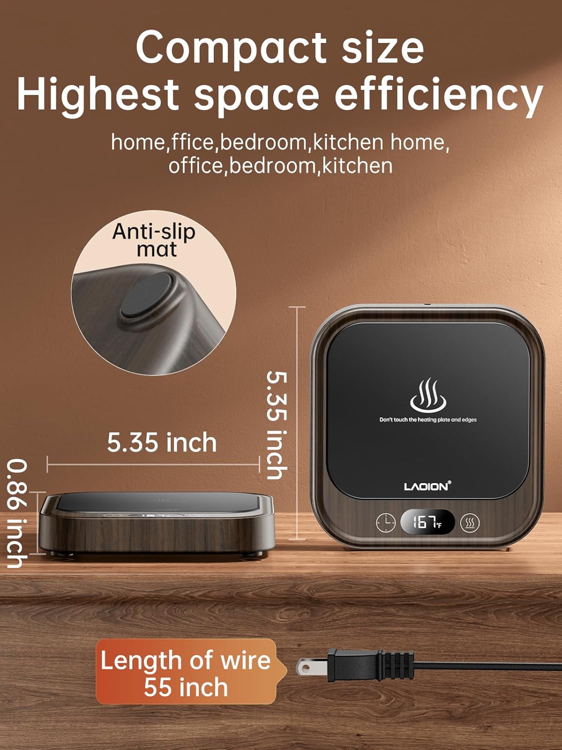 LAOION Mug Warmer - 40W Coffee Cup Warmer for Desk with Auto Shut Off, Smart Electric Candle Warmer with 4 Temp & Time Settings, Coffee Gifts for Beverage, Tea, Water, Milk in Home & Office (Wood)