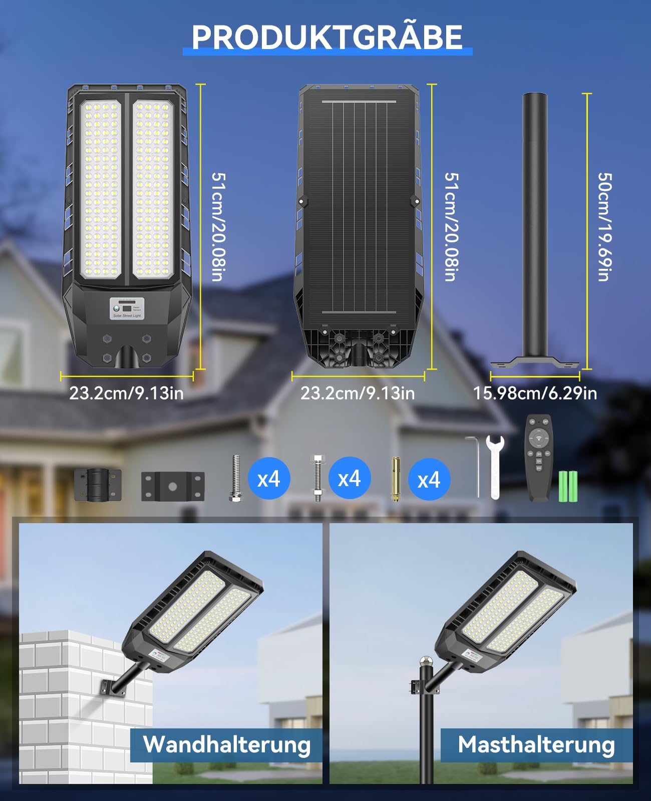 Adewalk 900W Solar Straßenlaterne mit Fernbedienung, IP66 Wasserdichte Solarlampen für Außen mit Bewegungssensor, 6500K Solarleuchten Superhelles LED Solar Strahler Außen für Gärten Garage Straßen