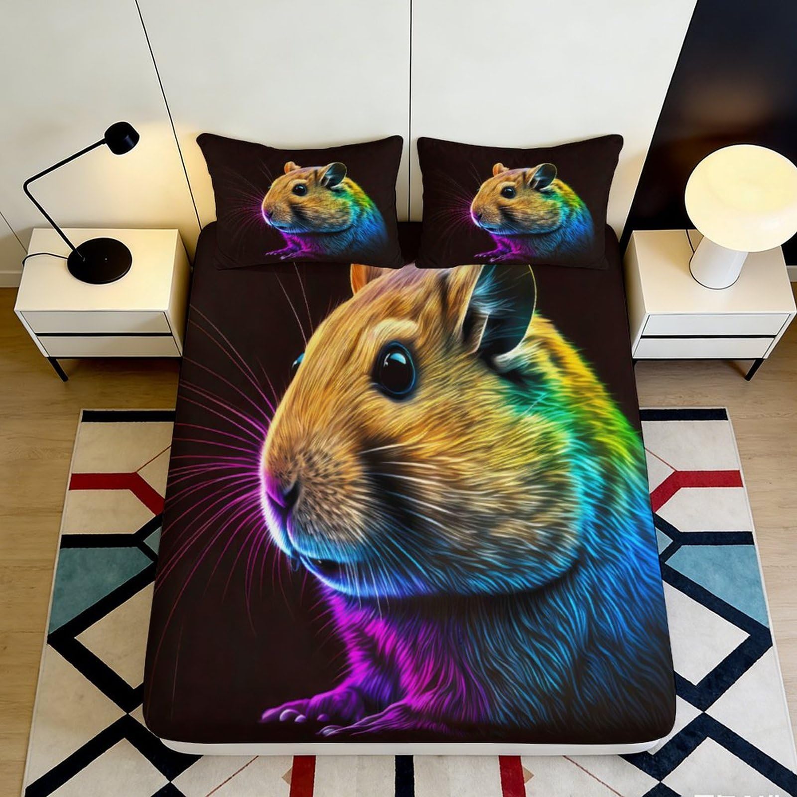 3D Printed Colorful Hamster Fitted Sheet Microfiber Deep Pocket Bedroom Bedding Hamster Mattress Fitted Cover Washable Non-Slip 200x200x25cm