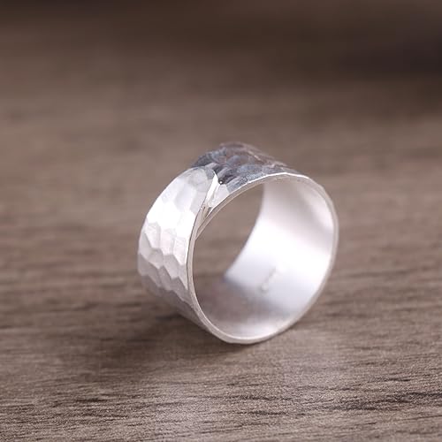 Miniatura 8 de TIANYI Anillo Ancho de Plata Martillado Hecho a Mano para Mujeres Boho Moderno Banda para Pulgar Anillo Ajustable Abierto Minimalista Anillo