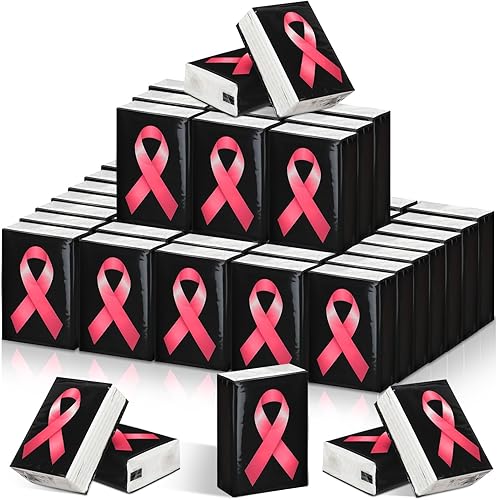 Miniatura 8 de Ireer 50 pañuelos de bolsillo de cinta rosa para concienciación sobre el cáncer de mama, papel de seda de viaje, pañuelo facial de viaje, mini