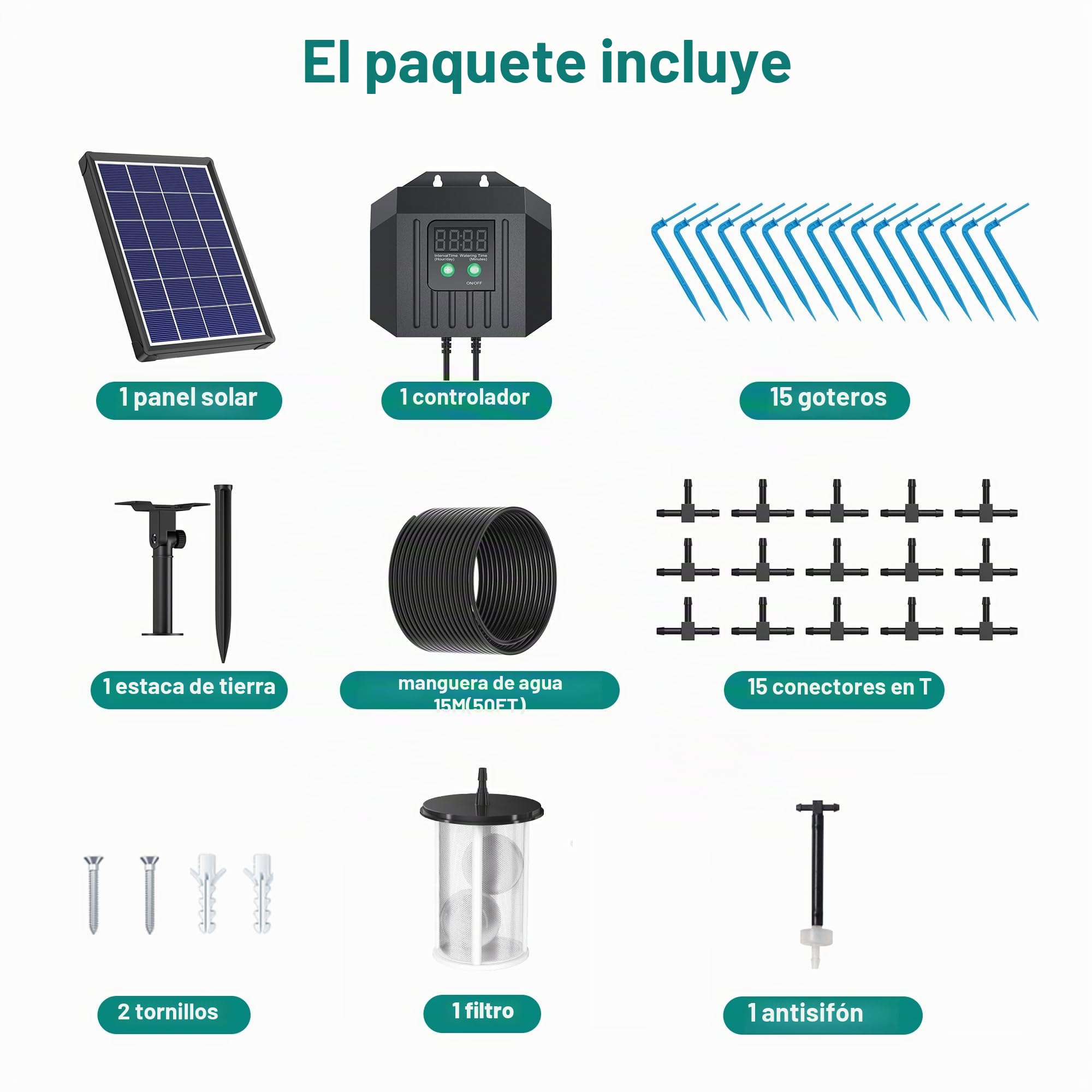 Biling Riego automático solar para plantas de vacaciones, sistema de 3,5 W 15 m con temporizador para jardín, balcón, invernadero, flores, ahorro de agua y bono