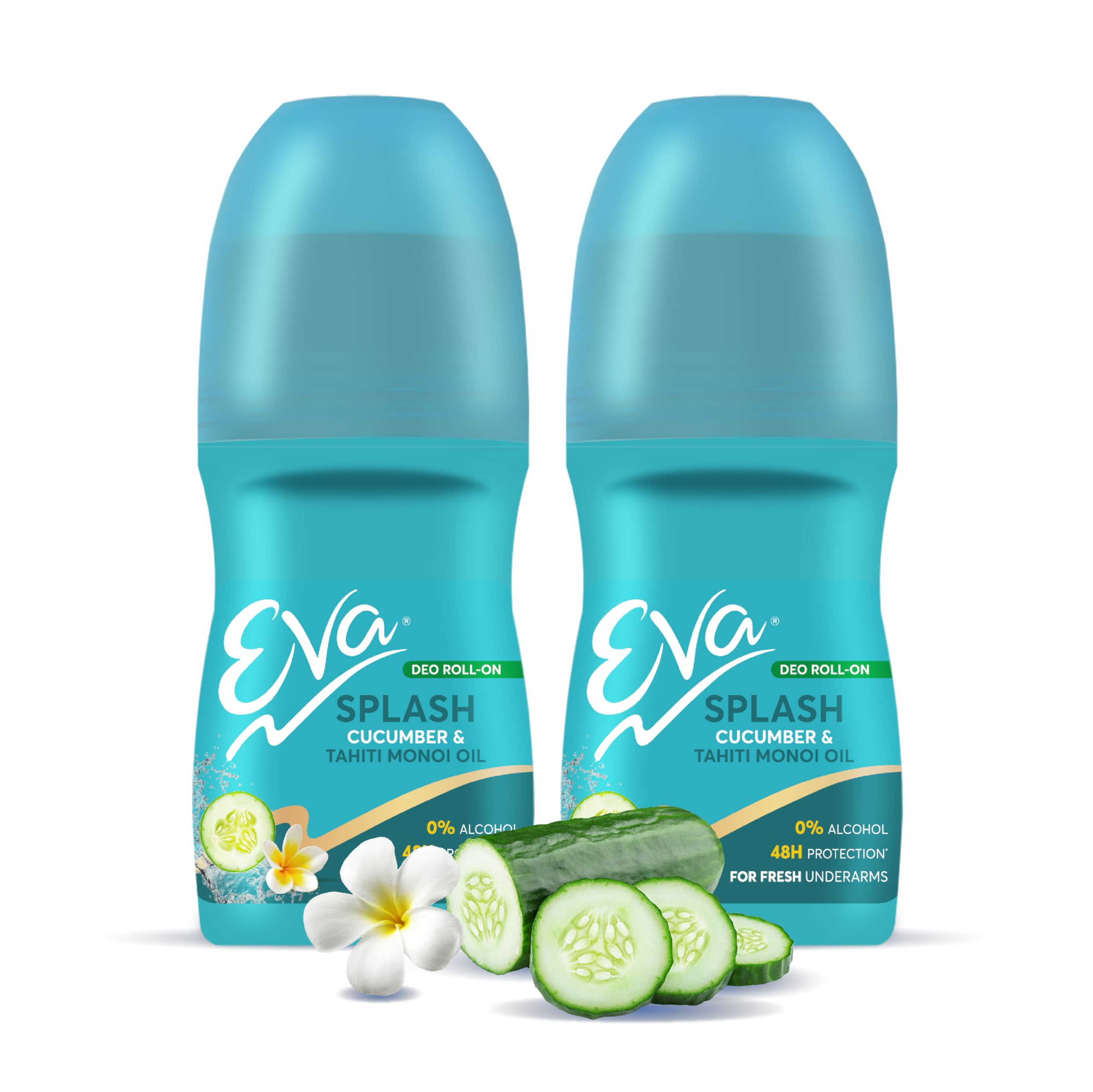 Eva Splash Deo Roll On with Cucumber & Tahiti Monoi Oil | For Fresh Underarms | Alcohol & Aluminium Free | For Women (50ml. pack of 2)