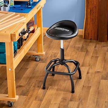 ROCKLER Pneumatic Shop Stool w/Backstop Matte Black Garage Stools for Workbench Resists Corrosion, Scratches - Workshop Stool w/Cushioned Vinyl Seat for Comfort - Shop Organization