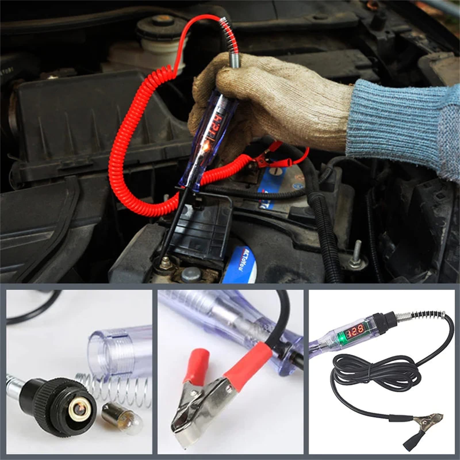 Yonput Digital LED Automotive Circuit Tester – 6V/12V/24V DC Test Light With Spring Wire & Polarity Display (Red)