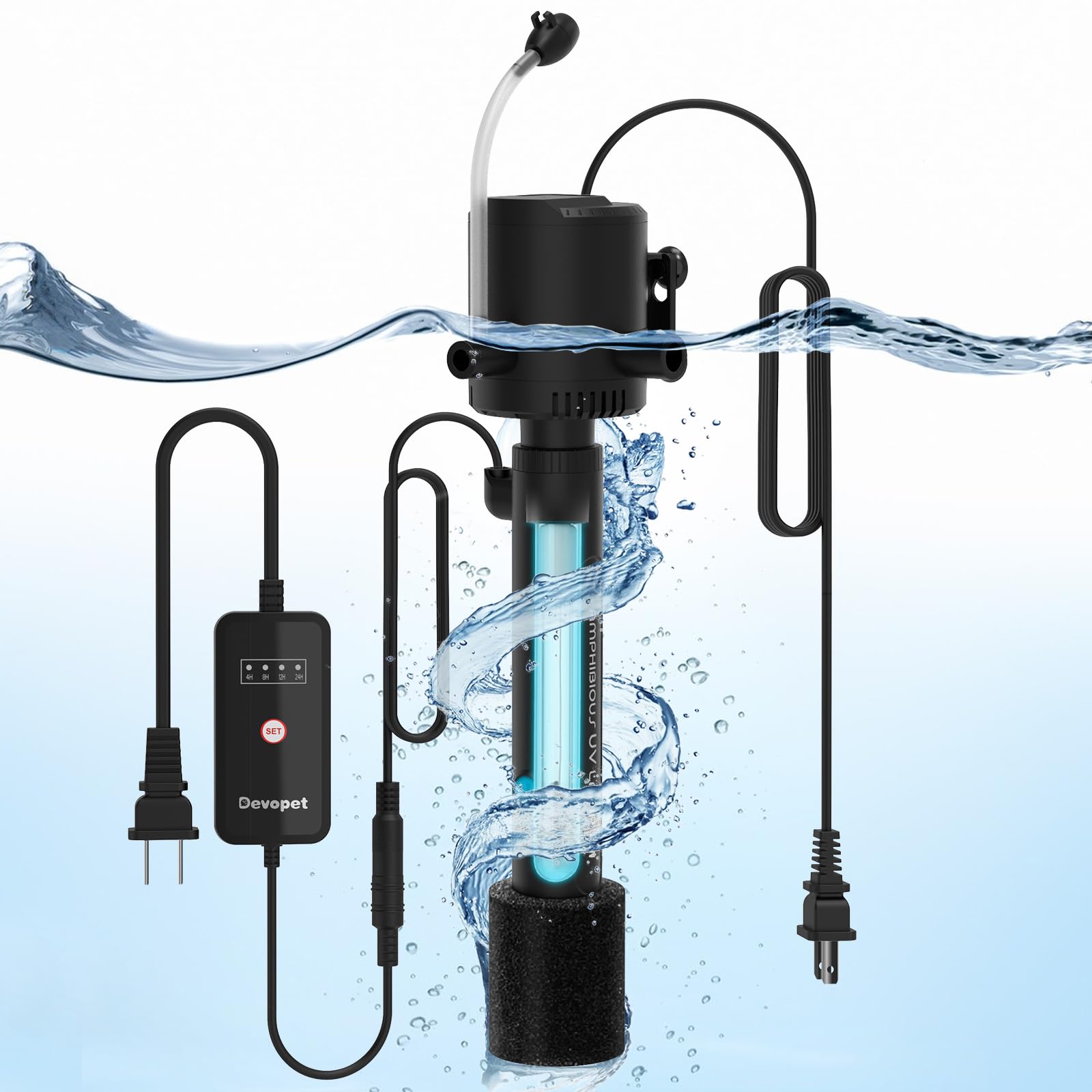 Devopet Aquarium U-V Filter for Green Water, Fish Tank Green Clean Machine with Aeration & Dual Water Outlet, Submersible Water Pump & U-V Light with