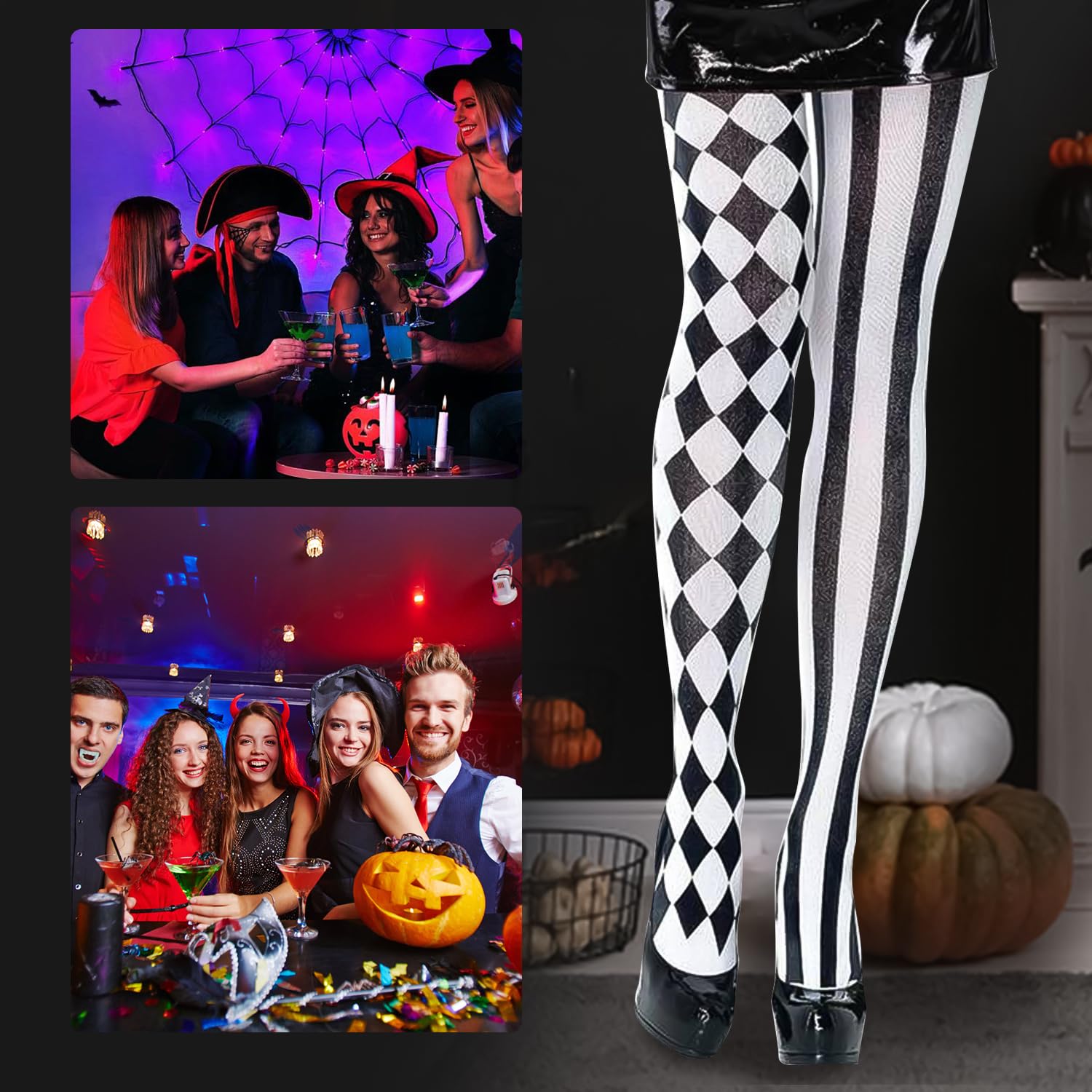Bohue Black White Plaid Knee-High Long Socks Fancy Dress Stockings Cosplay Socks Ladies Checkered Black and White Tights for Halloween Party Decorations - Image 3