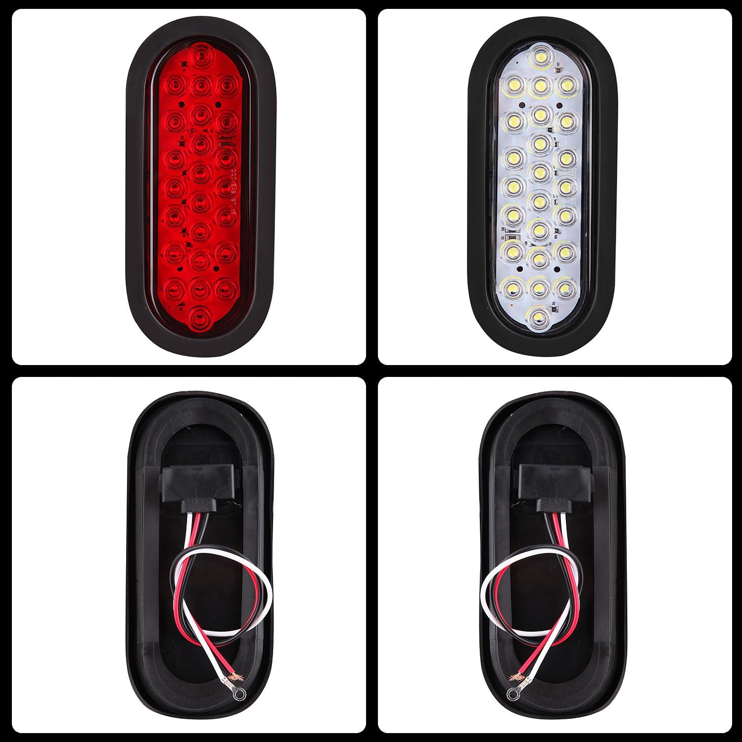 6" Inch Oval Led Trailer Tail Lights Red Turn Stop Tail Brake Trailer Lights 24 Diodes 3-pin Plug & Flush Mount Grommets Waterproof Replacement for RV Trucks （4 Red + 2 White