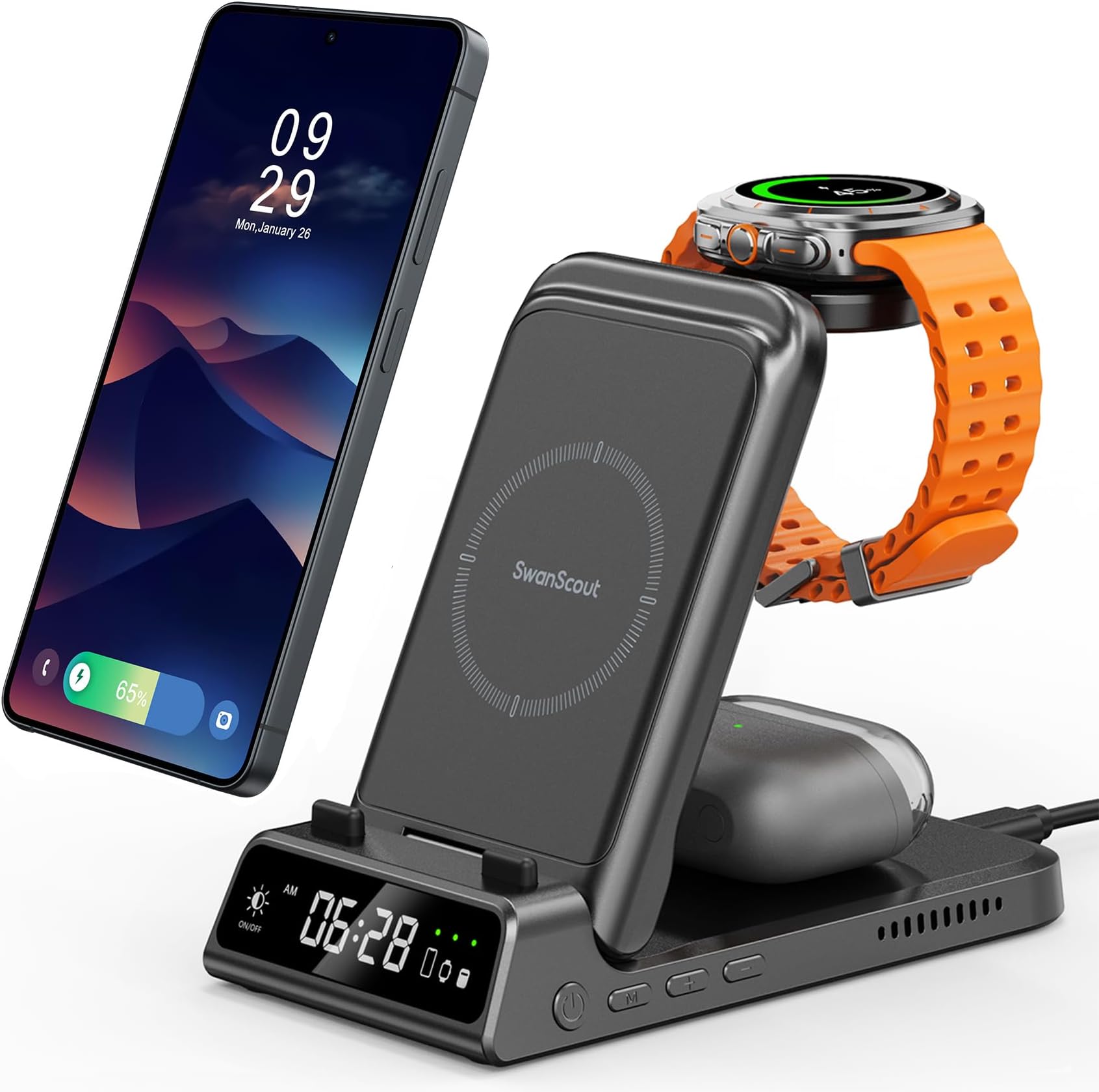Wireless Charger for Samsung S26 Ultra, 3 in 1 Charging Station for Samsung S26/S25/S24/S23/S22, Charger Stand for Galaxy Watch 8/8 Classic/Ultra/7/6, Galaxy Buds 4/4 Pro | Foldable for Travel, Works on Nightstand or Desk, Overnight Charging, Built-in Clock, Adapter Not Included