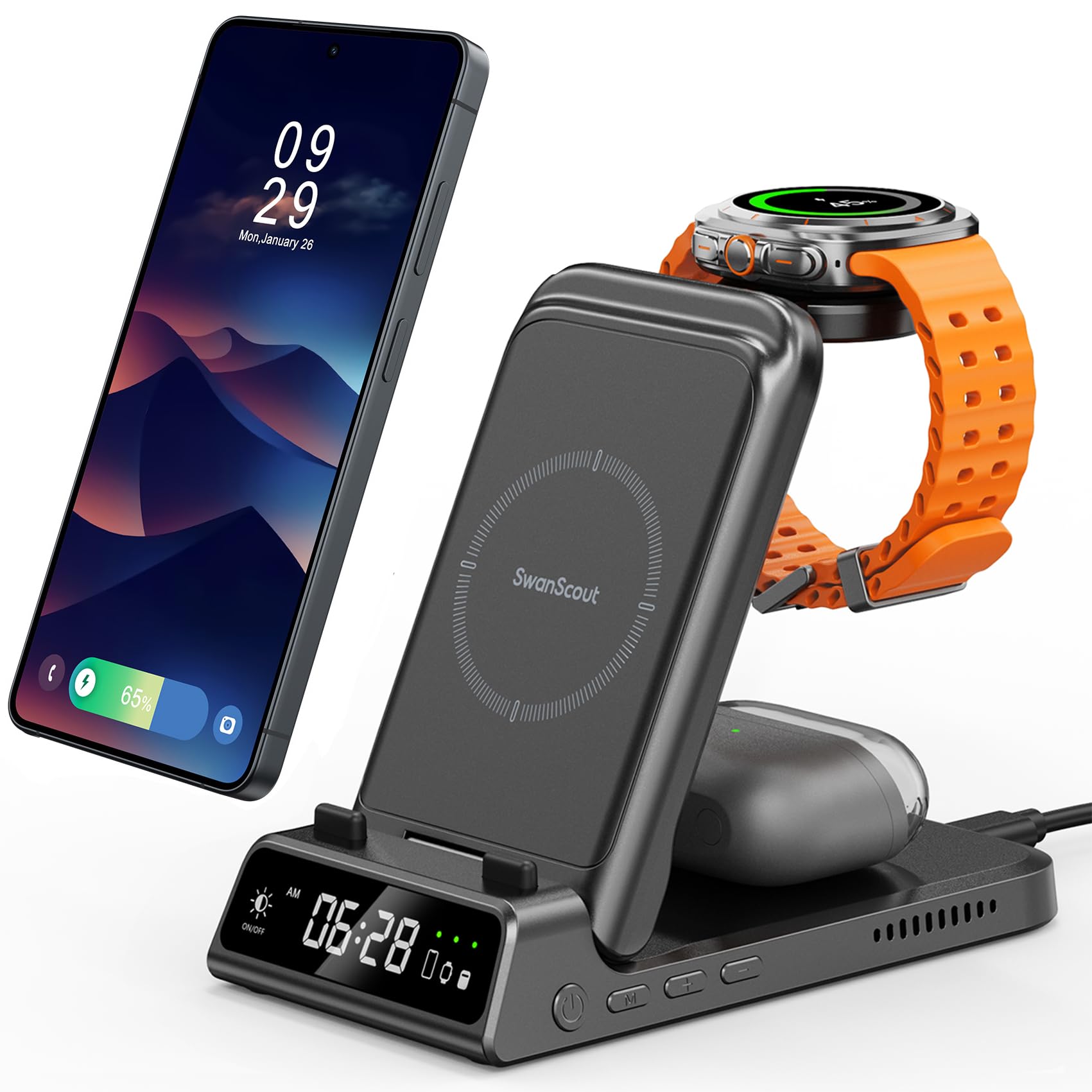 3 in 1 Caricatore Wireless per Samsung S26 Ultra, Stazione di Ricarica per Samsung S26/S25/S24, Base di Ricarica per Galaxy Watch 8/8 Classic/Ultra/7/6, Galaxy Buds 4 Pro, SwanScout 703S (No Adapter) | Pieghevole per i viaggi, funziona su comodino o scriv
