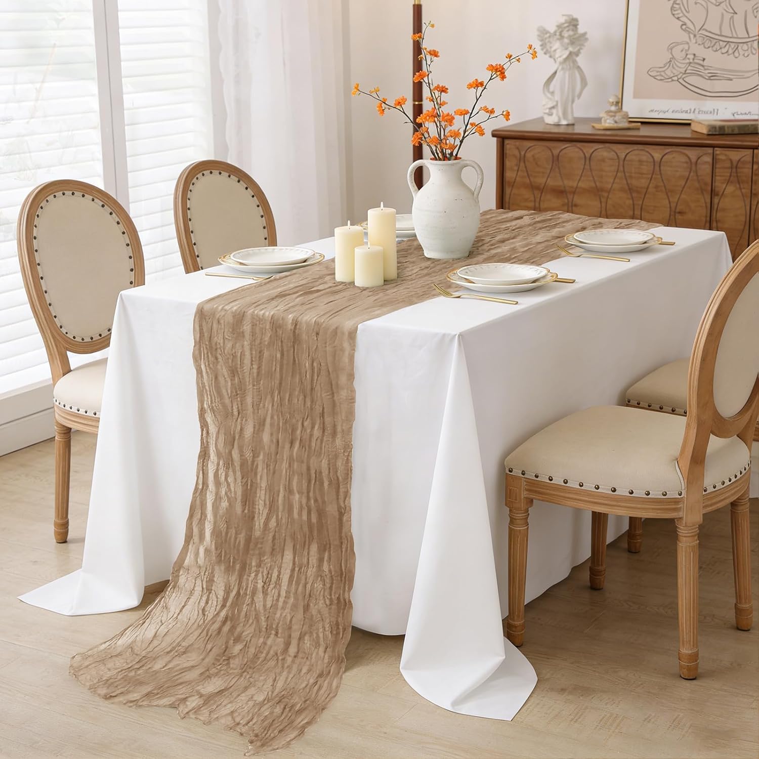 INVGEEXI 6 Pack Nude Cheesecloth Table Runners 35" x 120", Boho Rustic Farmhouse 10FT Gauze Table Runner for Wedding Baby Shower Birthday Party Holiday Decor