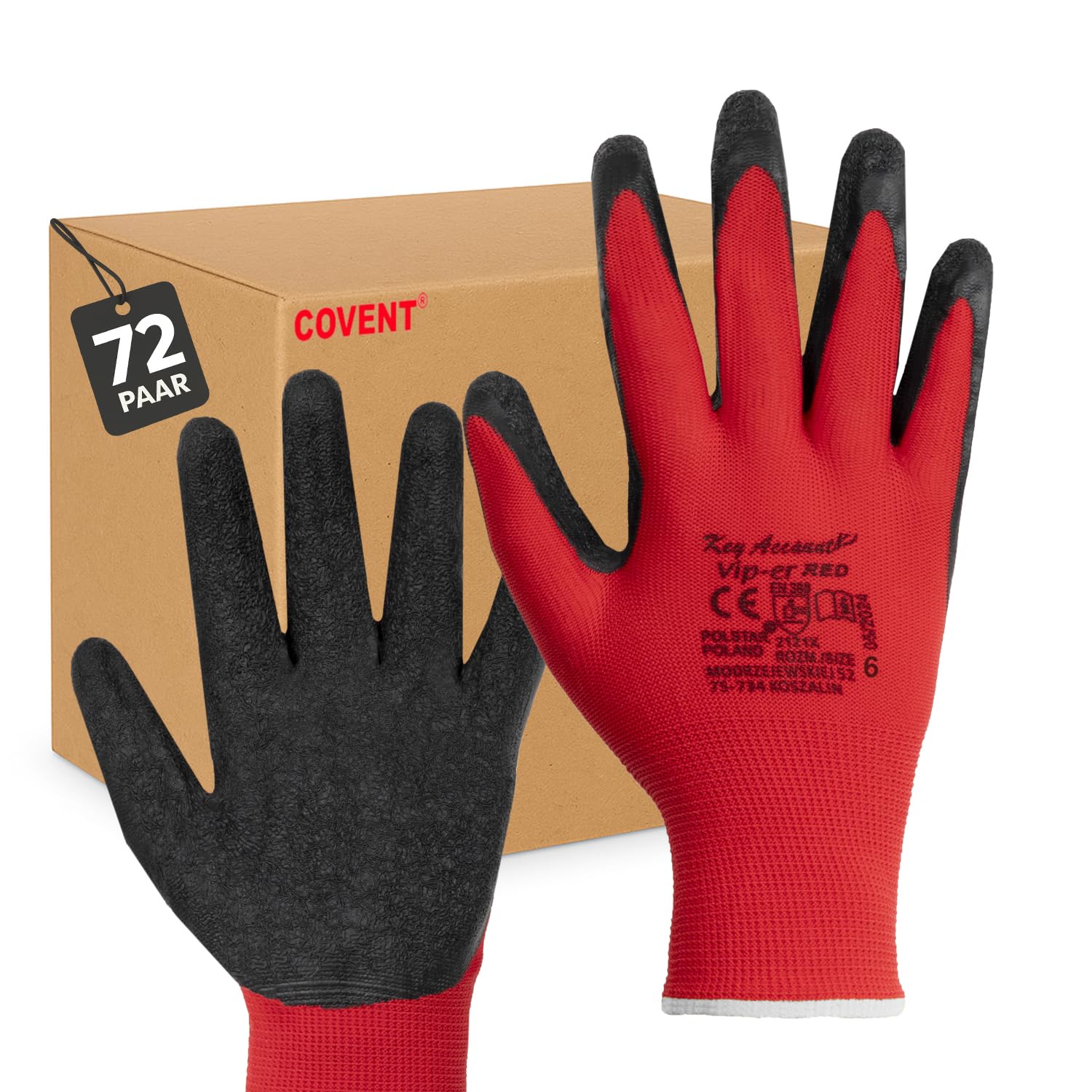 Covent VIP-ER RED Lot de 72 gants de travail pour homme - Taille 8 - Gants de montage catégorie II - EN388 2121X - Gants de construction pour déménageurs, logisticiens et constructeurs