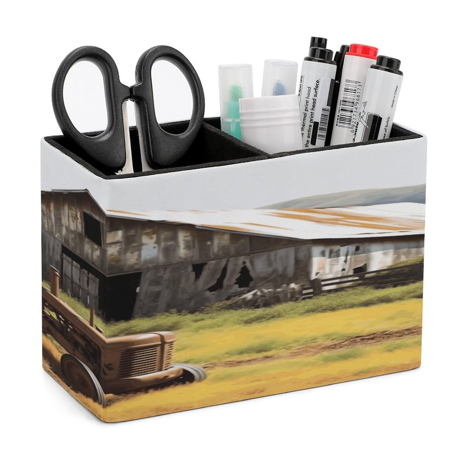 FekiLoot Old Wooden Barn with Rusted Tractor Leather Pen Holder for Desk Double Compartments Brush Minimalist PU Leather Pencil Holder Locker Organizer for Work Locker Accessories Pencil Cup for Desk
