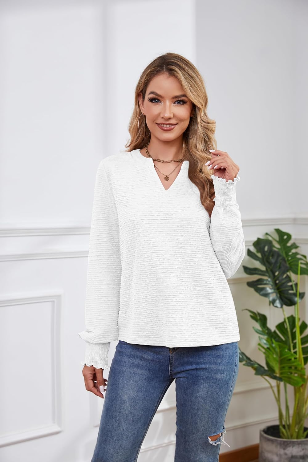 Womens Tops Dressy Casual Long Sleeve Shirts Loose V Neck Business Work Tunic Blouses - Image 3