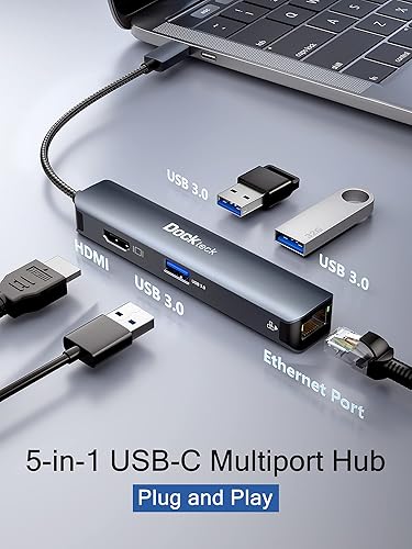 Miniatura 2 de Hub Ethernet USB C, adaptador multipuerto 5 en 1 de dockteck con USB C a 4K HDMI, LAN de 1 Gbps, 3 USB 3.0, para MacBook AirPro, iPad AirPro,