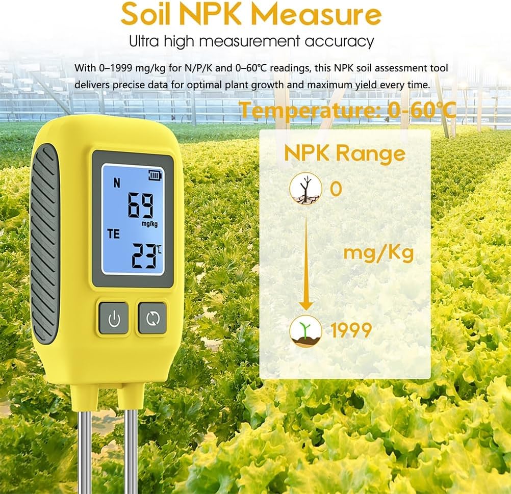Digital Soil Tester for Nitrogen, Phosphorus, Potassium & Temperature Measurement - High Accuracy LCD Soil Analyzer