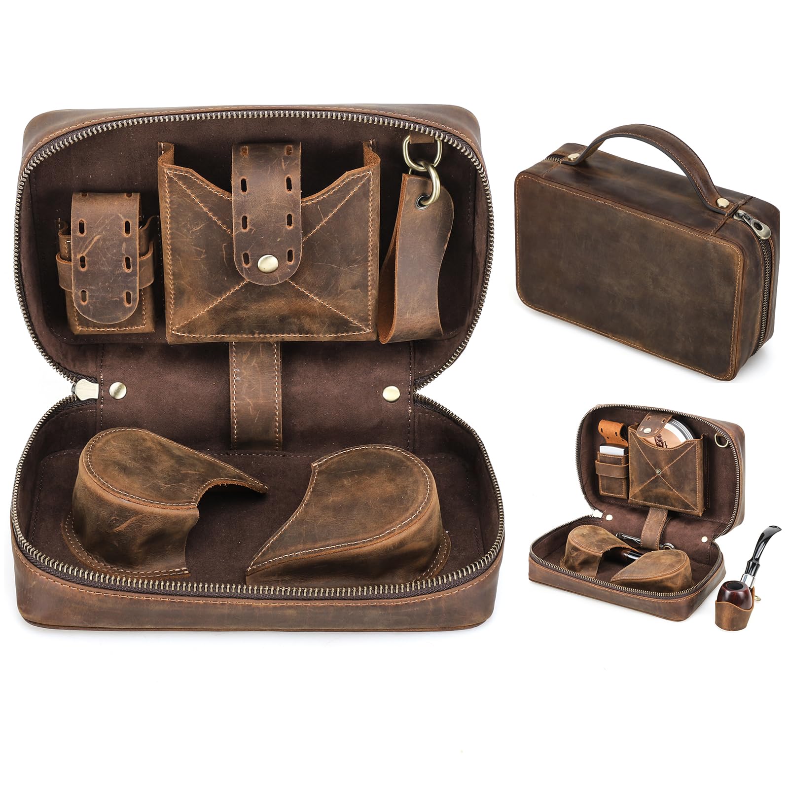 CONTACTS Bolsa de tabaco de cuero con soporte, funda de viaje con capacidad de 2 tubos, accesorios para pipas de fumar, organizador con correa de mano desmontable