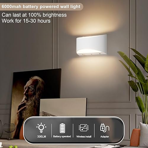 Miniatura 5 de Aipsun Juego de dos apliques de pared LED que funcionan con pilas, lámparas de pared blancas recargables por USB, luz de pared inalámbrica regulable