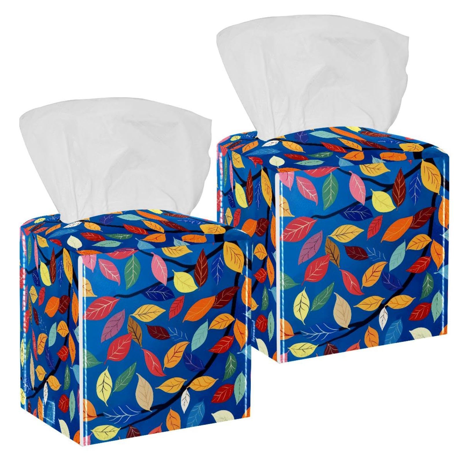 Artistic Leaves Tissue Box Cover, 2 Pack PU Leather Square Facial Tissue Dispenser Box holder for Home Office Car