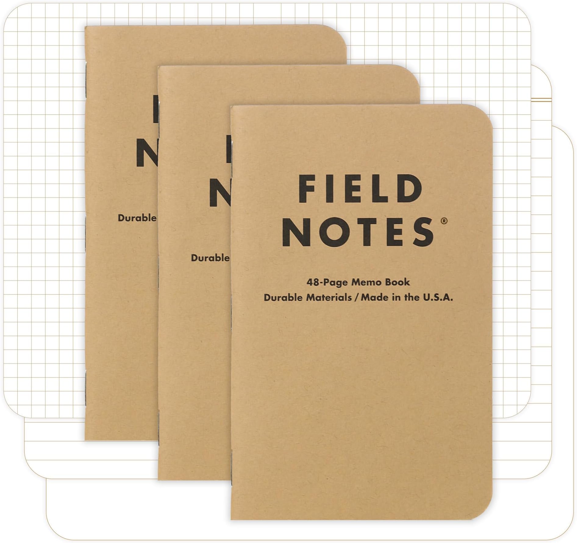 Original Kraft 3-Pack - Mixed Paper (1 Graph/Grid, 1 Ruled/Lined, 1 Plain/Blank) Memo Books - 48 Page Pocket Notebooks - 3.5" x 5.5"