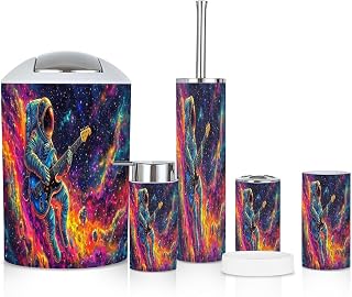 6 Piece Bathroom Accessories Set Astronauts Playing Guitar Space Astronaut Electric Outer Nebula Stars Trash can Toilet Brush Holder Toothbrush Holder Toothbrush Cup Soap Dispenser Soap Dish Boho