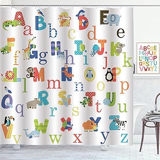 Kids ABC Shower Curtain Cute Animal Alphabet Educational Learning Tool Toddler Bathroom Curtains Waterproof Polyester Fabric Bath Curtain 72 x 72 Inch with 12 Hooks