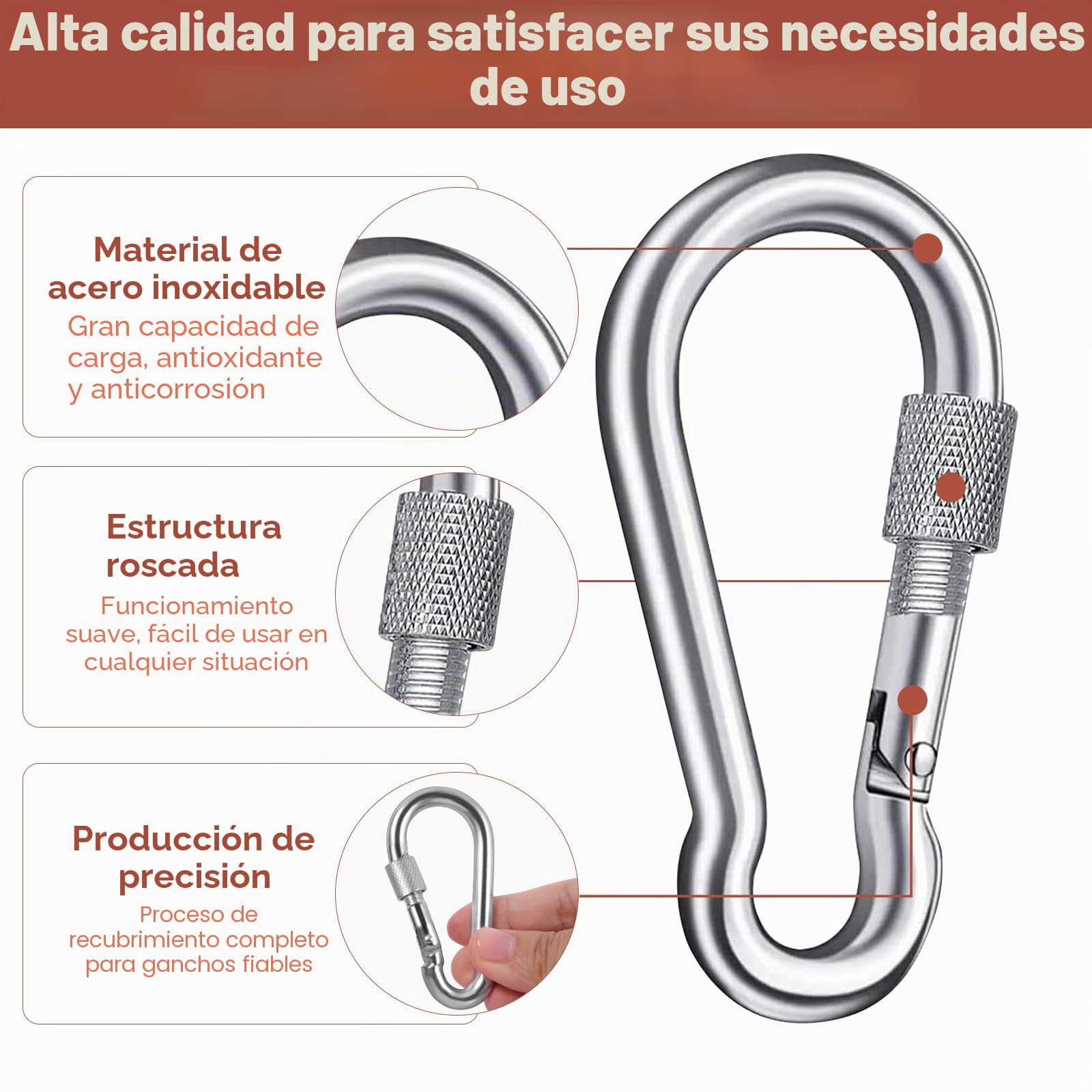 4 Mosquetones de Acero Inoxidable de Seguridad Con Capacidad 200 kg, Con Tornillo y Rosca para Exteriores, Senderismo, Viajes, Hogar (38 x 80 mm)