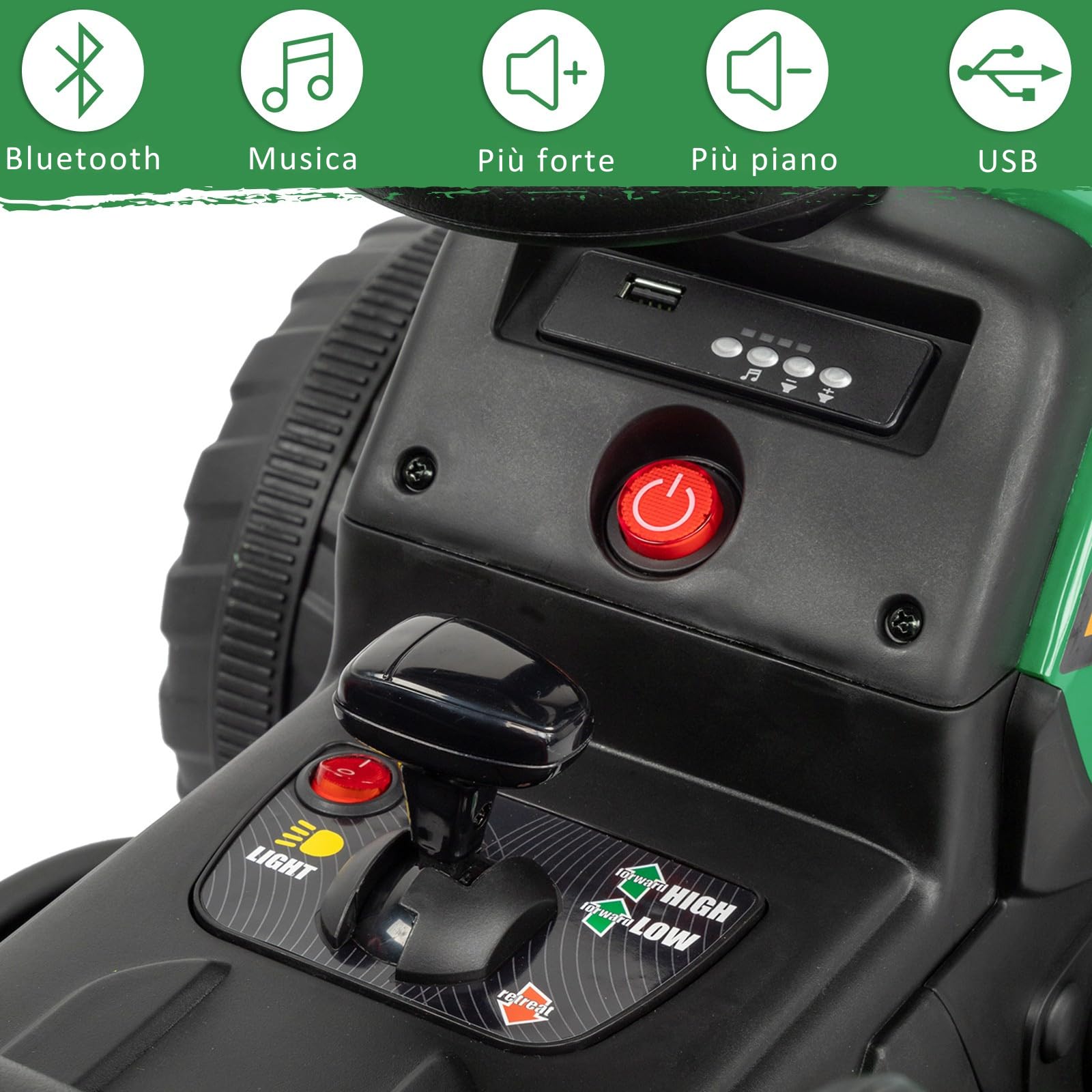 LALAHO trattore elettrico per bambini 12V con luci a LED, trattore telecomandato, musica, 3-8km/h, rimorchio staccabile (Verde chiaro)