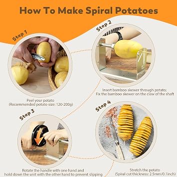 Moongiantgo Manual Tornado Potato Slicer Potato Spiral Cutter 3 in 1 Stainless Steel Twisted Potato Twister French Fry Chips Maker Vegetable Spiralizer for Sweet Potatoes Zucchini Carrots Cucumbers | Stainless Steel Potato Twister French Fry Chips Maker Vegetable Spiralizer for Sweet Potatoes Zucchini Carrots Cucumbers