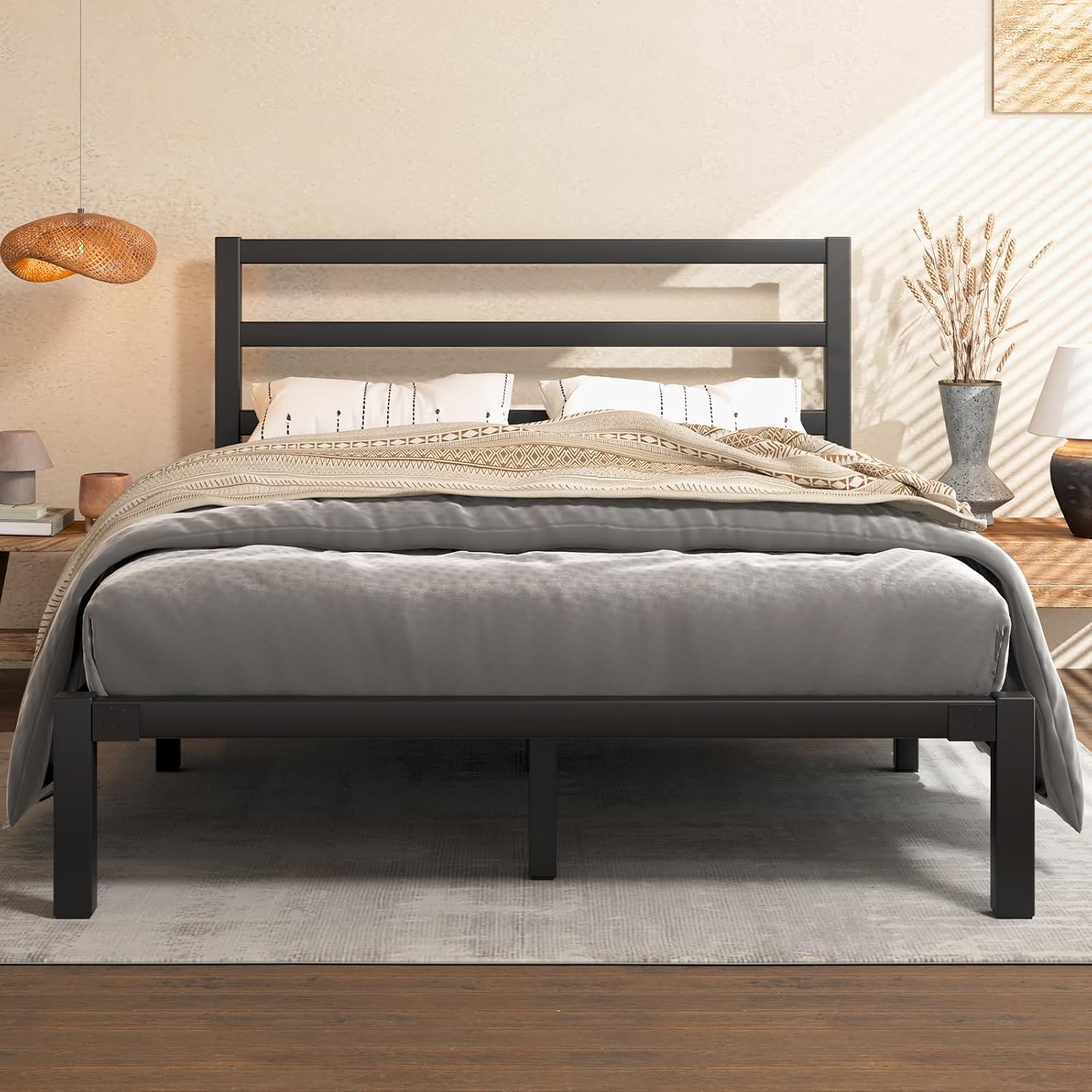 E-Motie Queen Metal Platform Bed Frame with Headboard