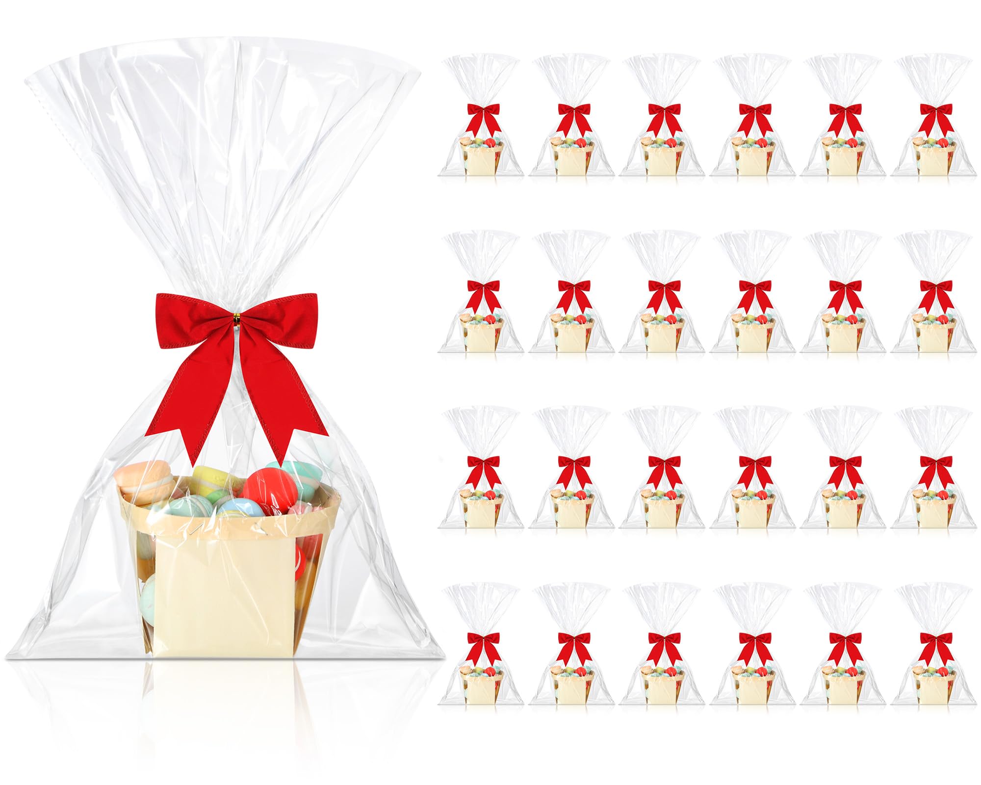 Kigley Juego de 24 cestas de regalo de madera vacías pequeñas con bolsas de celofán, kit de cesta para Pascua, recolección de frutas, cumpleaños, boda, fiesta de lazo (5.5 pulgadas, rojo)