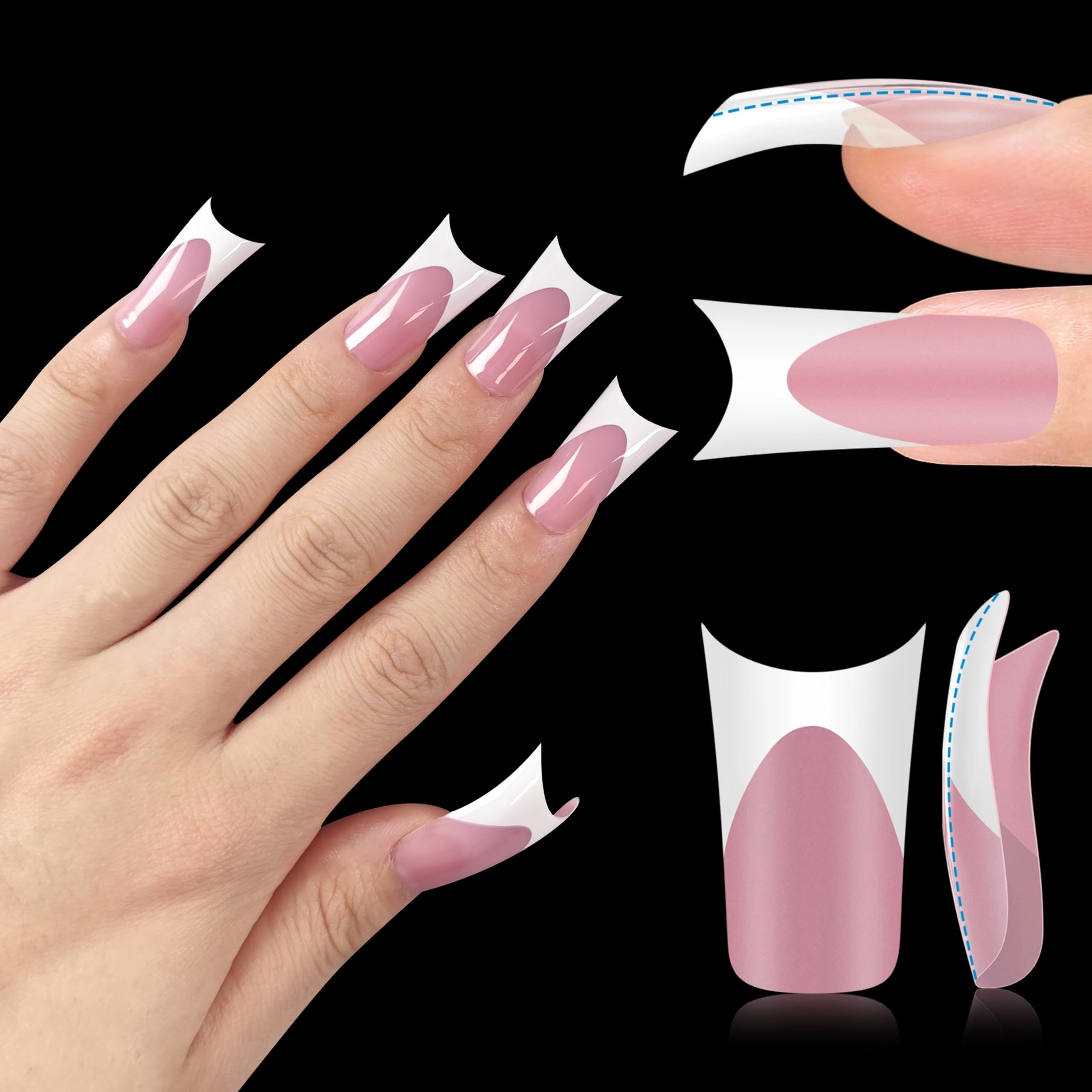 White French Tip Duck Feet Nail Tips Full Cover for Press on Acrylic with Moon Curve, BERRY PINK Extra Thick Medim Long, Flare Wide Soft Gel Fake False Nail Extension x 15 Sizes 150 pcs